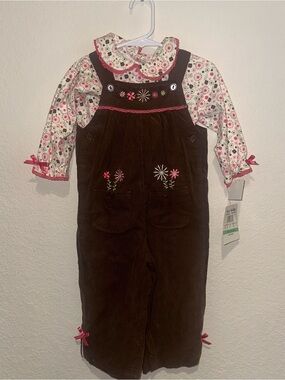 NWT Vintage Corduroy Flower Embroidered Overalls with Pink Floral Top 28 Months